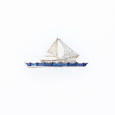 Lot 2171 - Platinum, Diamond and Sapphire Sailboat Pin