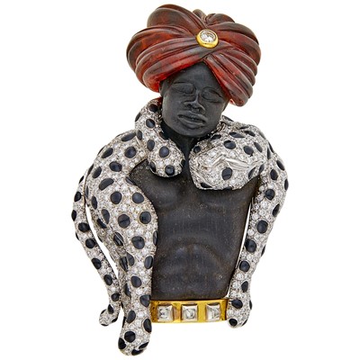 Lot 109 - Legnazzi Two-Color Gold, Carved Ebony and Amber, Black Enamel and Diamond Leopard King Clip-Brooch