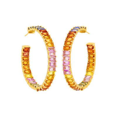 Lot 1108 - Pair of Gold and Multicolored Sapphire Hoop Earrings