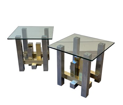 Lot 1136 - Pair of Paul Evans Chromed Steel, Brass, and Glass "Cityscape"  Side Tables