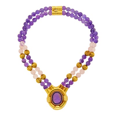 Lot 1113 - Double Strand Amethyst and Rose Quartz Bead, Gold and Amethyst Cameo Necklace