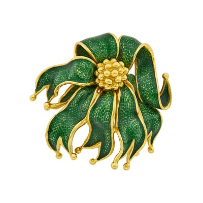 Lot 1065 - Tiffany & Co. Gold and Green Enamel Bow Brooch