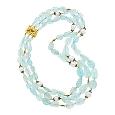 Lot 140 - Verdura Triple Strand Aquamarine Bead, Gold, Silver, Baroque Cultured Pearl and Diamond Necklace with 'Twisted Horn' Gold Clasp