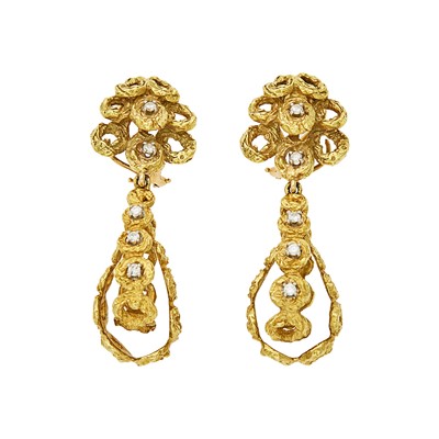 Lot 1065 - Pair of Gold and Diamond Pendant-Earclips