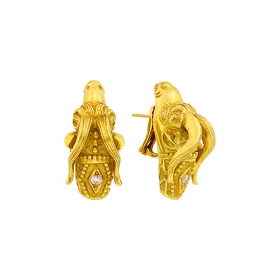 Lot 2075 - Pair of Gold and Diamond Ram's Head Earrings