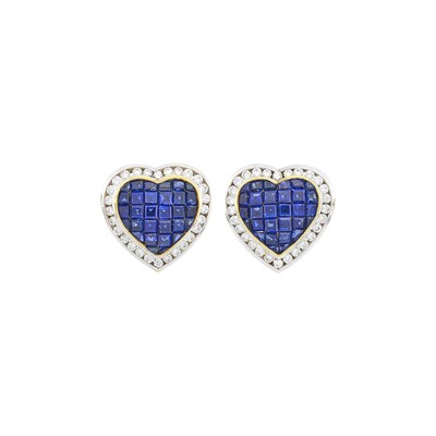 Lot 2230 - Pair of Two-Color Gold, Invisibly-Set Sapphire and Diamond Heart Earclips