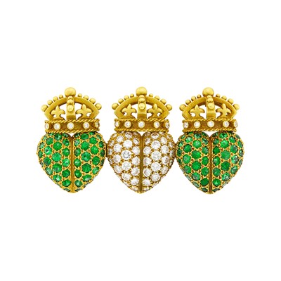Lot 1018 - Barry Kieselstein-Cord Gold, Emerald and Diamond Heart and Crown Clip-Brooch
