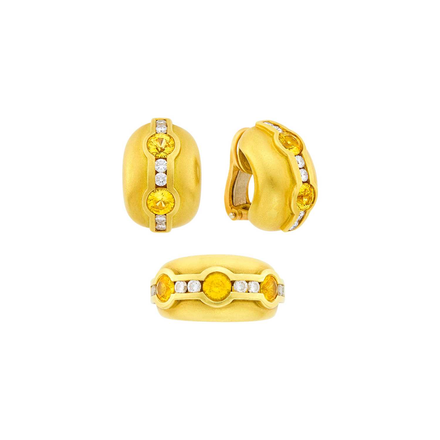 Lot 1138 - Barry Kieselstein-Cord Pair of Gold, Yellow Sapphire and Diamond Half-Hoop Earclips and Bombé Ring