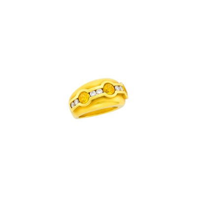 Lot 1138 - Barry Kieselstein-Cord Pair of Gold, Yellow Sapphire and Diamond Half-Hoop Earclips and Bombé Ring