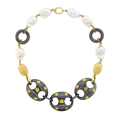 Lot 2031 - Attributed to Grazia & Marica Vozza Capri Gold, Silver and Baroque Cultured Pearl Link Necklace