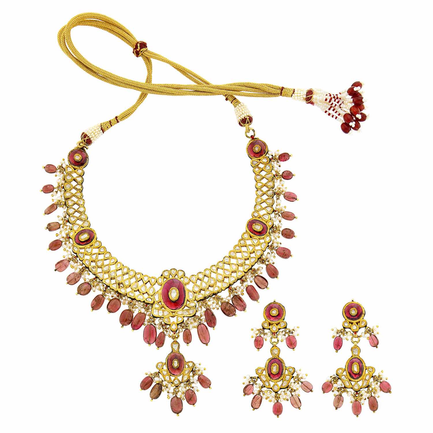 Lot 1097 - Indian Gold, Jaipur Enamel, Pink Tourmaline and Red Glass Bead, Foil-Backed Diamond and Freshwater Pearl Pendant-Necklace and Pair of Pendant-Earrings