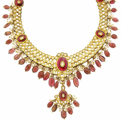 Lot 1097 - Indian Gold, Jaipur Enamel, Pink Tourmaline and Red Glass Bead, Foil-Backed Diamond and Freshwater Pearl Pendant-Necklace and Pair of Pendant-Earrings