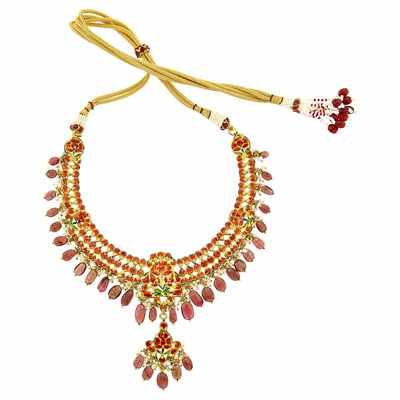 Lot 1097 - Indian Gold, Jaipur Enamel, Pink Tourmaline and Red Glass Bead, Foil-Backed Diamond and Freshwater Pearl Pendant-Necklace and Pair of Pendant-Earrings