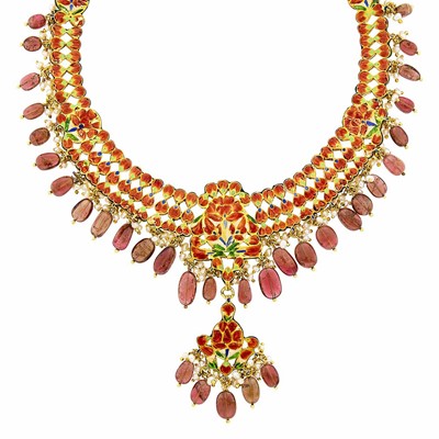 Lot 1097 - Indian Gold, Jaipur Enamel, Pink Tourmaline and Red Glass Bead, Foil-Backed Diamond and Freshwater Pearl Pendant-Necklace and Pair of Pendant-Earrings