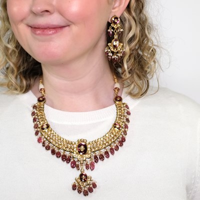 Lot 1097 - Indian Gold, Jaipur Enamel, Pink Tourmaline and Red Glass Bead, Foil-Backed Diamond and Freshwater Pearl Pendant-Necklace and Pair of Pendant-Earrings