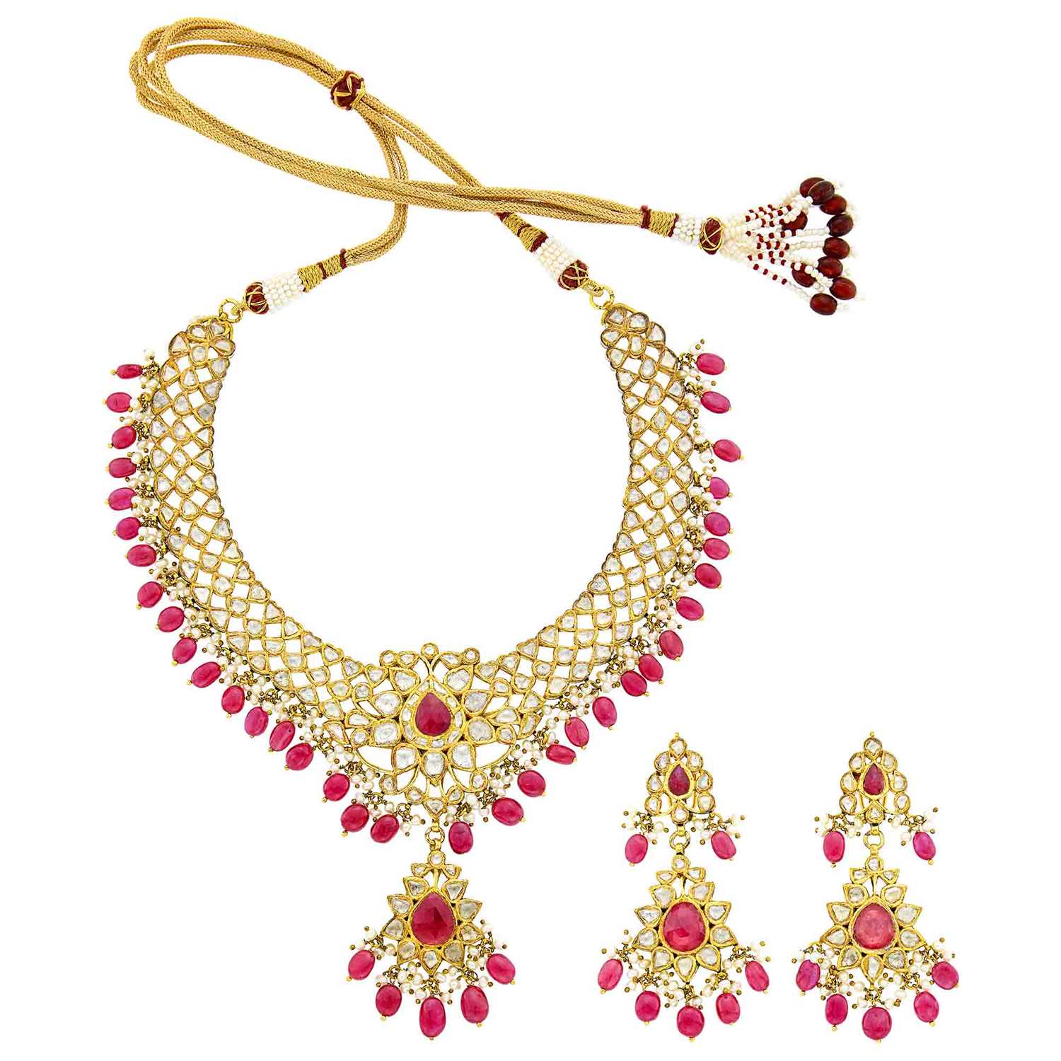 Lot 1099 - Indian Gold, Jaipur Enamel, Foil-Backed Ruby and Diamond, Ruby and Red Glass Bead and Freshwater Pearl Pendant-Necklace and Pair of Pendant-Earrings