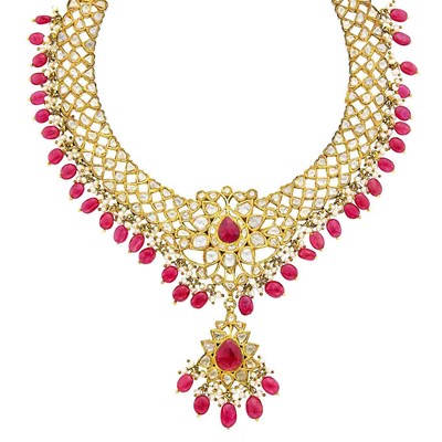 Lot 1099 - Indian Gold, Jaipur Enamel, Foil-Backed Ruby and Diamond, Ruby and Red Glass Bead and Freshwater Pearl Pendant-Necklace and Pair of Pendant-Earrings