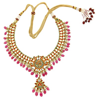 Lot 1099 - Indian Gold, Jaipur Enamel, Foil-Backed Ruby and Diamond, Ruby and Red Glass Bead and Freshwater Pearl Pendant-Necklace and Pair of Pendant-Earrings