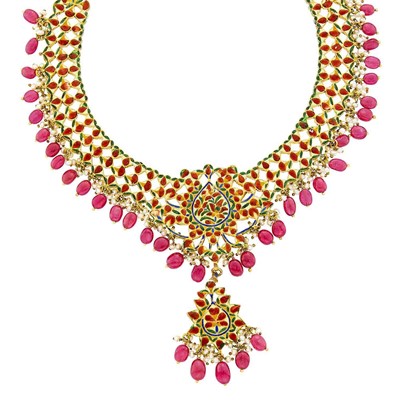 Lot 1099 - Indian Gold, Jaipur Enamel, Foil-Backed Ruby and Diamond, Ruby and Red Glass Bead and Freshwater Pearl Pendant-Necklace and Pair of Pendant-Earrings