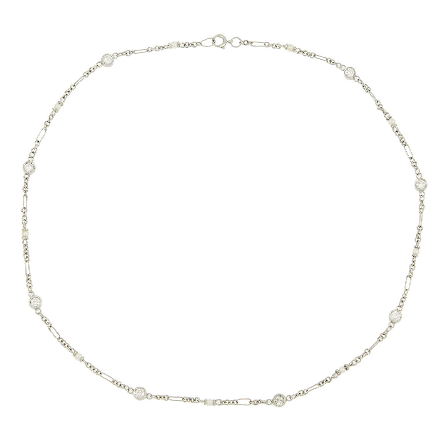 Lot 1256 - Platinum, Diamond and Cultured Pearl Necklace