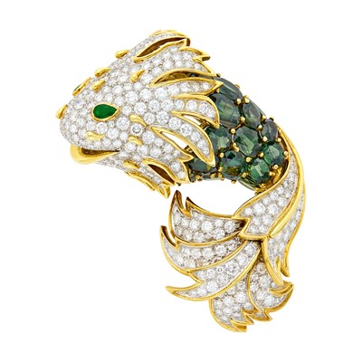 Lot 93 - Tiffany & Co. Gold, Platinum, Green Sapphire, Emerald and Diamond Fish Clip-Brooch