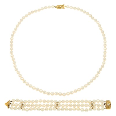 Lot 1036 - Mikimoto Cultured Pearl Necklace and Triple Strand Bracelet with Gold and Diamond Clasps