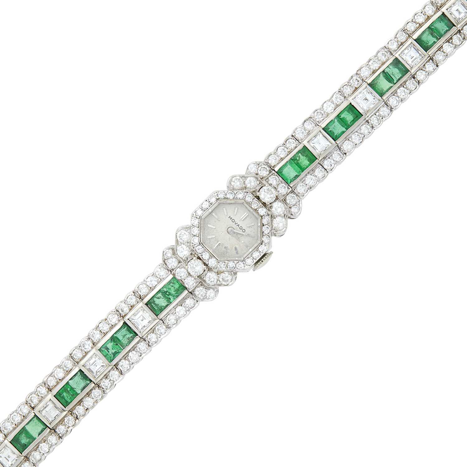 Lot 1176 - Movado White Gold, Emerald and Diamond Wristwatch