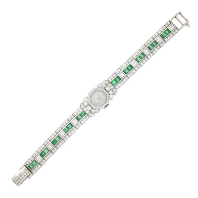 Lot 1176 - Movado White Gold, Emerald and Diamond Wristwatch