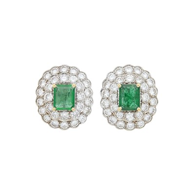 Lot 1075 - Pair of White Gold, Emerald and Diamond Earrings