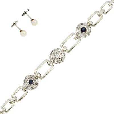 Lot 1160 - Platinum, Gold, Synthetic Sapphire and Diamond Bracelet and White Gold and Pearl Stud Earrings