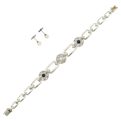 Lot 1160 - Platinum, Gold, Synthetic Sapphire and Diamond Bracelet and White Gold and Pearl Stud Earrings