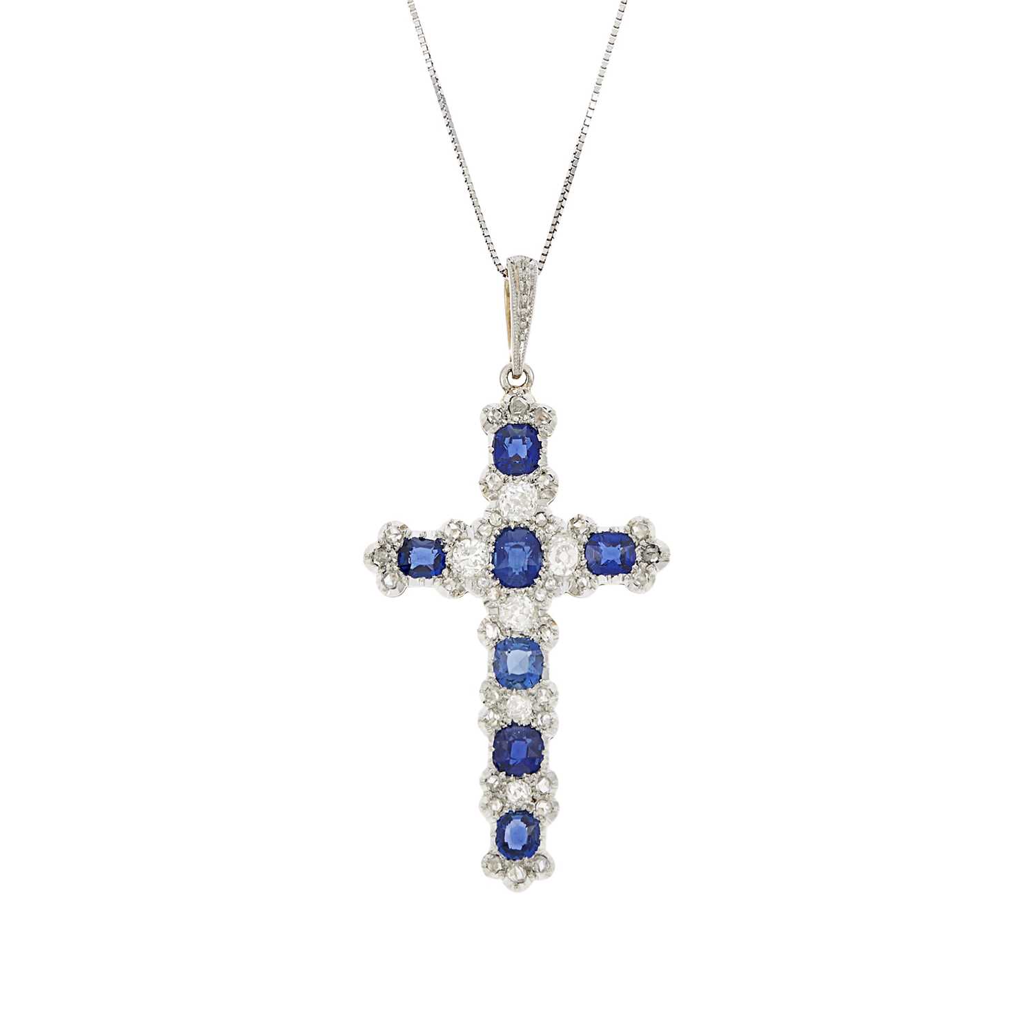 Lot 1169 - Edwardian Platinum, Gold, Sapphire and Diamond Cross Pendant with White Gold Chain Necklace