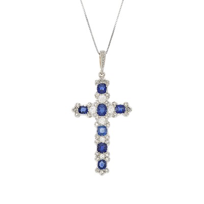 Lot 1169 - Edwardian Platinum, Gold, Sapphire and Diamond Cross Pendant with White Gold Chain Necklace