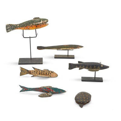 Lot 298 - Five Carved and Painted Wood and Metal Fish Decoys and a Carved Turtle Toy