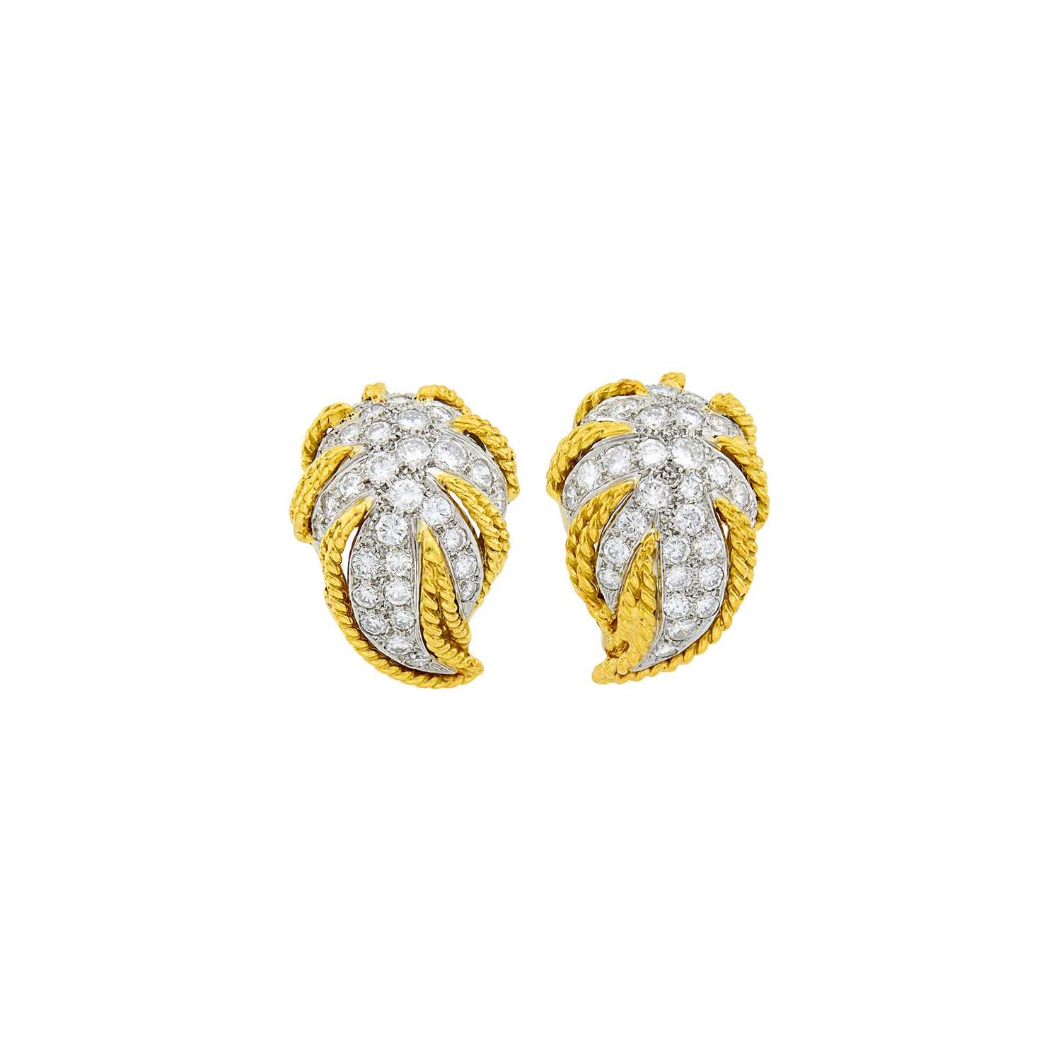 Lot 1115 - Pair of Two-Color Gold and Diamond Earrings