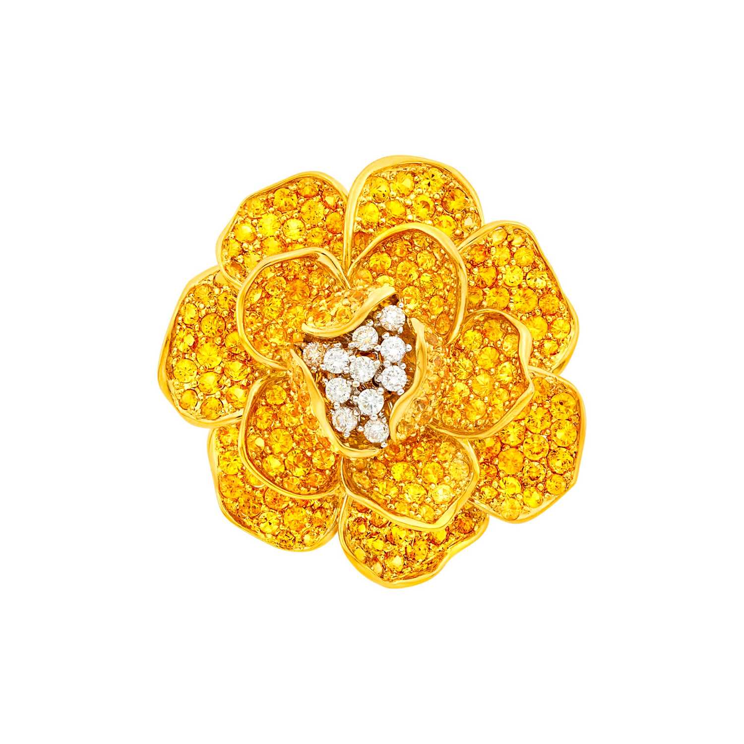 Lot 1143 - Gold, Yellow Sapphire and Diamond Flower Clip-Brooch