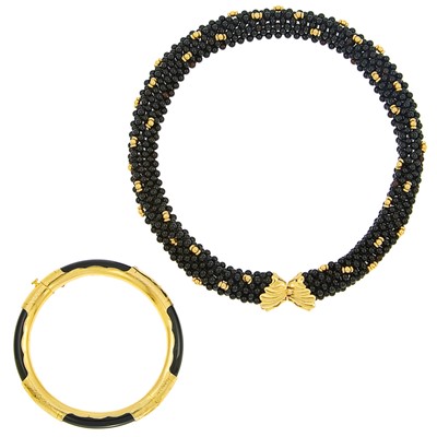 Lot 2277 - Black Onyx and Gold Bead Necklace and Gilt-Metal and Black Onyx Bangle Bracelet