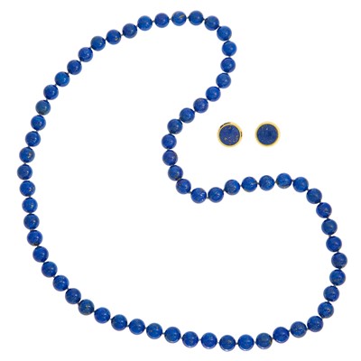 Lot 1238 - Lapis Bead Necklace and Pair of Gold and Lapis Earrings