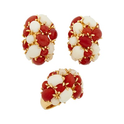 Lot 2290 - Cellino Set of Gold, Coral and White Coral Earclips and Ring