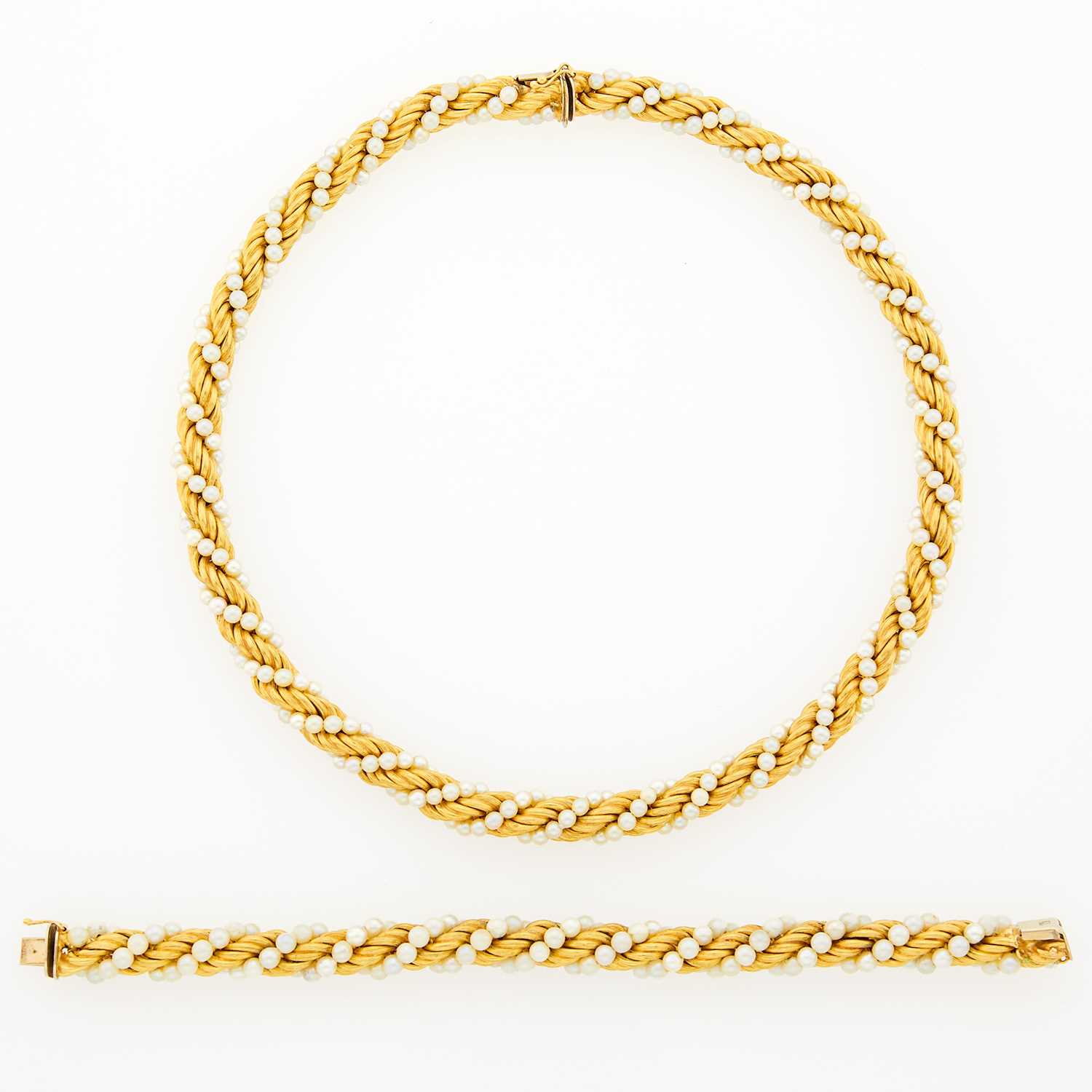 Lot 2071 - Gold and Cultured Pearl Rope-Twist Necklace and Bracelet