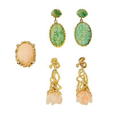 Lot 2272 - Two Pairs of Gold, Angel Skin Coral, Jade and Diamond Pendant-Earrings and Ring