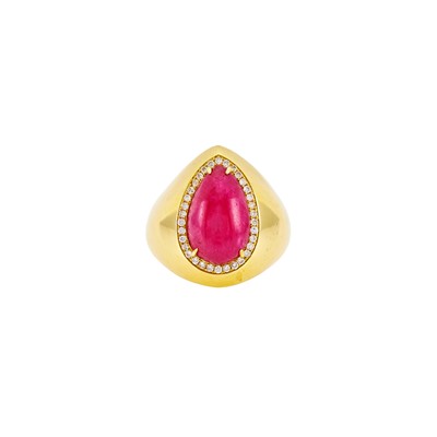 Lot 1095 - Gold, Cabochon Ruby and Diamond Ring