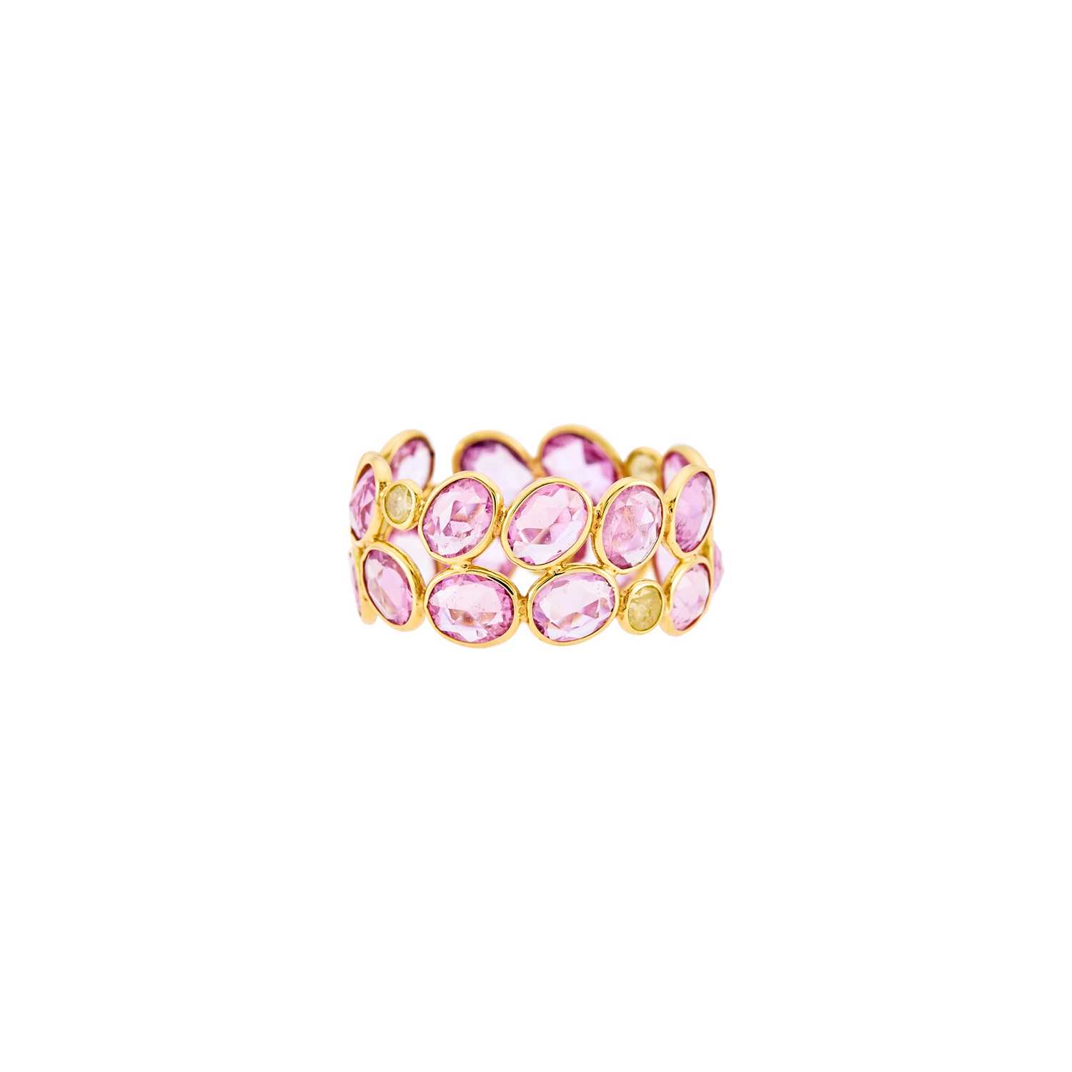 Lot 1281 - Gold, Pink Sapphire and Colored Diamond Band Ring