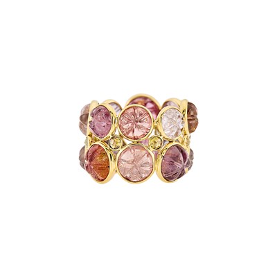 Lot 1080 - Gold, Multicolored Carved Spinel and Colored Diamond Band Ring