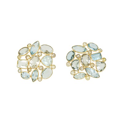 Lot 1016 - Pair of Gold, Aquamarine and Colored Diamond Cluster Earrings
