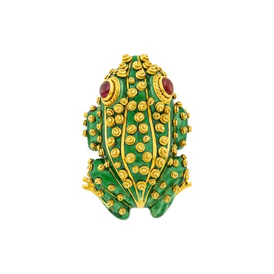 Lot 1005 - Gold, Green Enamel and Cabochon Ruby Frog Clip-Brooch