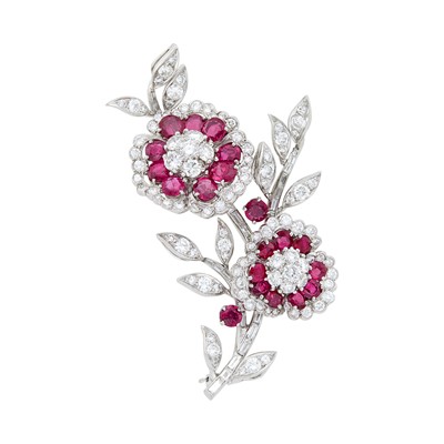 Lot 303 - Van Cleef & Arpels Platinum, Ruby and Diamond Flower Clip-Brooch