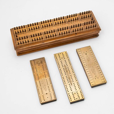 Lot 339 - Three cribbage boards and a brass-mounted Bézique counting board
