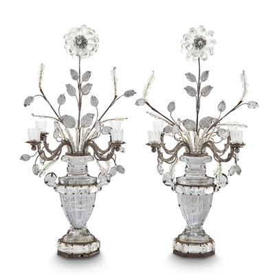 Lot 494 - Pair of Bagues Style Rock Crystal and Glass Four-Light Candelabra