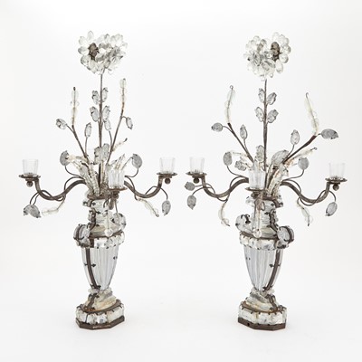 Lot 494 - Pair of Bagues Style Rock Crystal and Glass Four-Light Candelabra